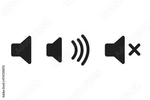 Speaker icon set with sound symbol, voice volume, mute, and audio wave vector illustration in black silhouette style on transparent background, ordered sound control graphics