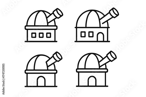 Space observatory icon set, vector illustration of telescope dome structures, transparent background, scientific research, astronomy observatory building, space observation equipment design