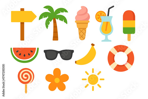 Summer icon set, flat design graphic elements. Vacation bundle, tropical beach collection with palm tree, ice cream, cocktail, watermelon, sunglasses, lifebuoy, and sun symbols.