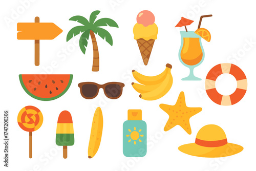 Summer vacation icon set. Collection of beach graphic elements in flat design. Tropical palm, ice cream, cocktail, watermelon, sunglasses, lifebuoy, sun hat, fruit vector.