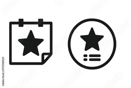 Star icon on note paper and wishlist emblem in circle design, vector illustration set with transparent background, favorite marker, rating symbol, star badge concept for UI and graphics