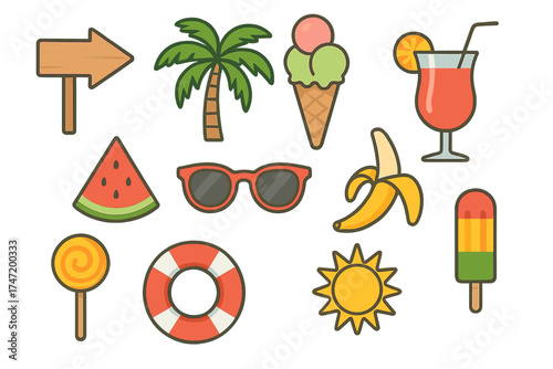 Summer icon set in flat design. A large collection of beach vacation elements, including a tropical palm tree, ice cream, cocktail, watermelon, sunglasses, banana, and lifebuoy.