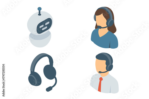 Isometric technical support icon set. Call center operator, chatbot assistant, hotline consultant. Customer service helpdesk elements with headset. Vector online help concept.