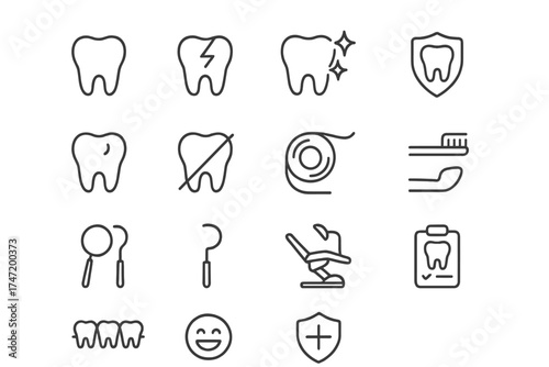 Dental care thin line icons set. Oral hygiene and dentistry symbols. Outline vector pictograms for web and mobile. Includes tooth, dentist tools, floss, toothbrush, pain, protection.