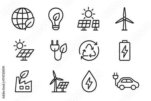 Renewable energy thin line icons set. Eco friendly, green technology pictogram collection. Solar panel, wind turbine, electric car, recycling, sustainability vector symbols.