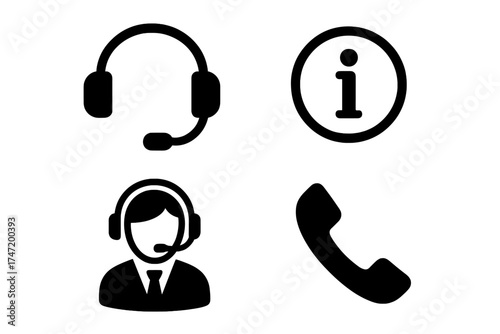 Customer support and call center icons set with information symbol, headset, phone receiver, and operator silhouette, vector illustration with transparent background, communication symbols