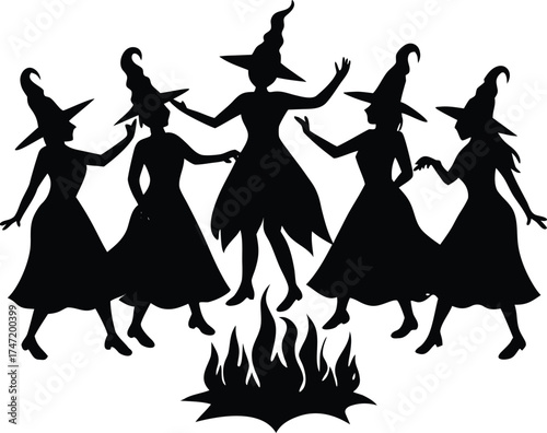 Witches Coven Dancing Around Fire Silhouette