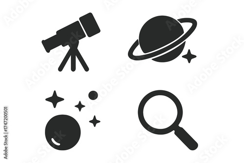 Telescope and magnifying glass vector icons, space astronomy symbols with stars and planets, exploration, observation, research, science, cosmic discovery, transparent background set