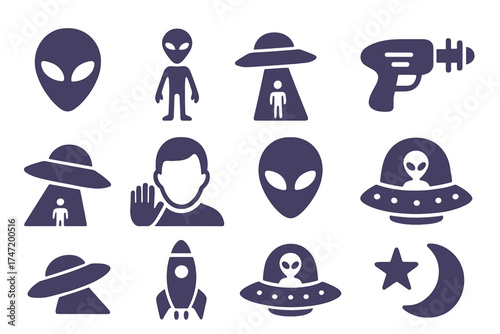 UFO and aliens icon set. Solid glyph pictograms collection. Extraterrestrial, martian, abduction, space gun, spaceship, witness, flying saucer, rocket, invasion symbols.
