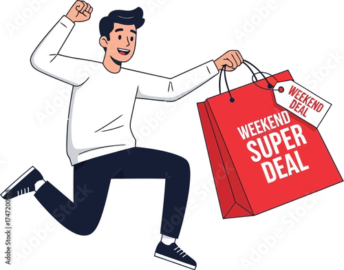 Excited man running with shopping bag, celebrating weekend super deal