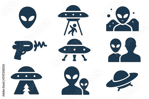 UFO and alien solid icon set. Vector pictograms for web design. Extraterrestrial, martian, abduction, space gun, spaceship, witness, flying saucer, sci-fi concepts.