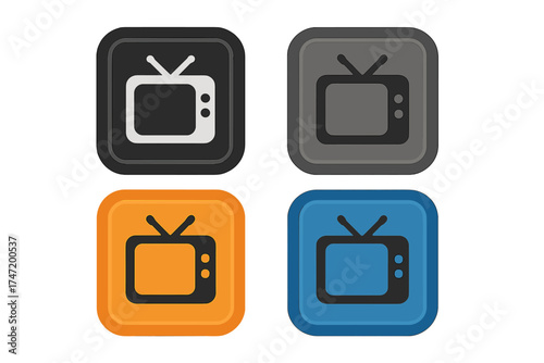 Television display icon buttons set, retro TV screen vector illustration, vintage TV symbol on colorful square backgrounds, media technology icons collection