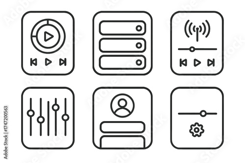 Music app UI UX kit. User interface elements set for mobile application. Audio player, playlist, broadcast, equalizer, account, settings icons. Sound streaming service GUI pack.