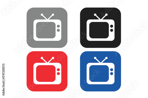 Retro television icon set with antenna on colorful square buttons, TV display vector illustration with transparent background for digital media and user interface design