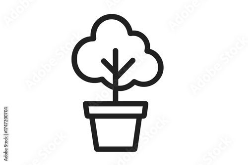 Minimalist tree in a pot icon, simple outline vector illustration, potted plant symbol with transparent background, clean bonsai and houseplant graphic design for eco and gardening themes
