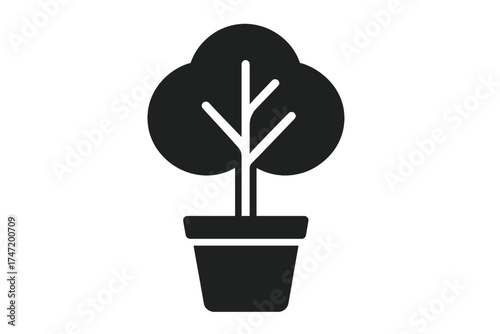 Minimalist tree in pot icon flat design, simple indoor plant silhouette, vector illustration with transparent background, houseplant symbol, gardening and nature concept, potted tree graphic element