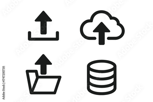 Upload icon set vector illustration, storage concept symbols with cloud, folder, database, and upload arrows, transparent background ordered storage design