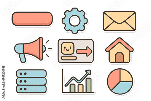 Web elements cute stickers set. Kawaii icon collection in flat cartoon design. Button, settings, email, megaphone, login, home, server, data, analytics diagram vector pack.