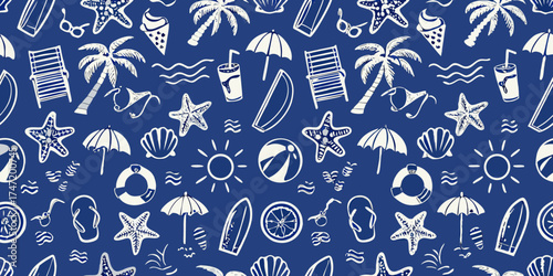 Whimsical white summer beach icons seamless pattern on deep blue background