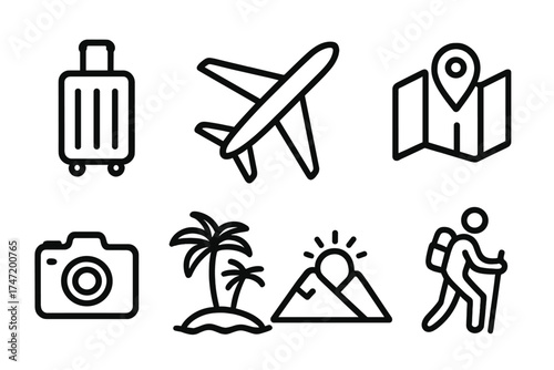Vacation and holiday travel icons set with suitcase, airplane, map, camera, tropical island, mountain sunrise, and hiking adventure symbols, vector illustration