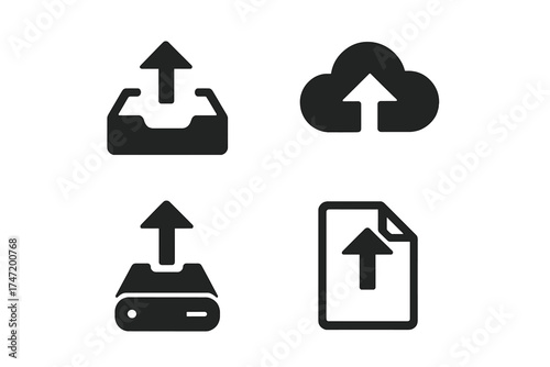 Upload icons set vector illustration with storage concept, cloud upload, file transfer, digital data sharing, network storage, and device backup symbols, minimalist black silhouette graphics