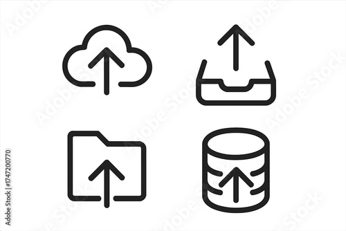 Upload icons set vector illustration with cloud, folder, database, and inbox upload symbols, storage concept design, digital data transfer, transparent background, ordered set for web and app design