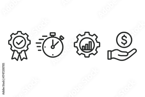 Business process optimization icon set. Quality control, speed and efficiency, cost management, and productivity growth symbols. Vector banner for project management concept.