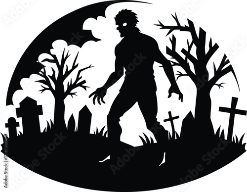 Zombie Silhouette Walking Through Graveyard