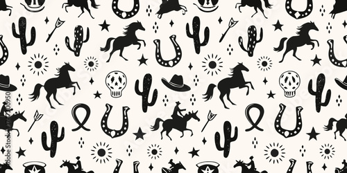 Whimsical western silhouette pattern featuring horses cacti cowboys hats and sun symbols