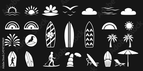 Collection of white summer beach and ocean icons on a black background