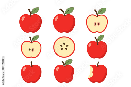 Red apple icon collection. Vector fruit illustration set. Whole, half, sliced and bitten apple. Fresh organic food symbol for healthy diet, grocery, or juice packaging design.