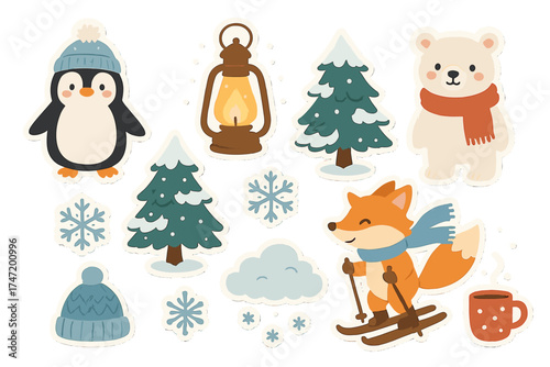 Cute winter animal sticker set. Cartoon vector illustration pack with penguin, polar bear, skiing fox. Holiday elements like snow, fir tree, lantern, hot drink, cozy hat.
