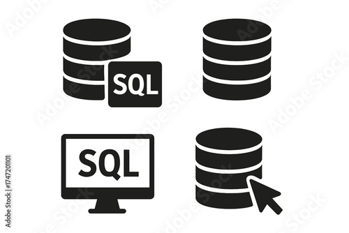 SQL server icon set. Database symbol for structured query language. Vector illustration for data storage, web development, technology, and big data computing concepts.