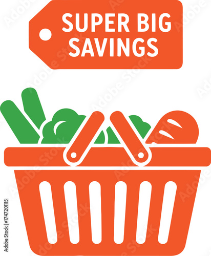 Super big savings on fresh groceries in a shopping basket