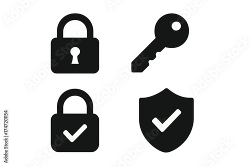 Security system vector icon collection. Padlock, key, verified lock and protection shield. Cybersecurity, data privacy, access, authentication and safety concept design.