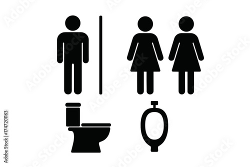 Set of restroom symbols vector illustration. Toilet sign with man and woman pictogram. Gender icon for public bathroom. WC, lavatory, urinal isolated icon set.