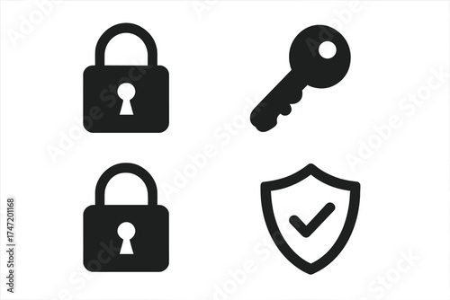 Security icon set with padlock, key, and protection shield. Vector glyph collection for cybersecurity concepts. Lock, unlock, and secure access pictogram for data privacy.