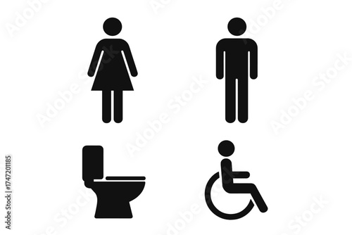 Set of restroom symbols including man, woman, disabled person, and toilet icons. Vector illustration of public bathroom signs for men, women, and handicap accessibility.