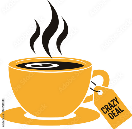 Warm steaming coffee cup with a 'crazy deal' tag, perfect for promotions and discounts