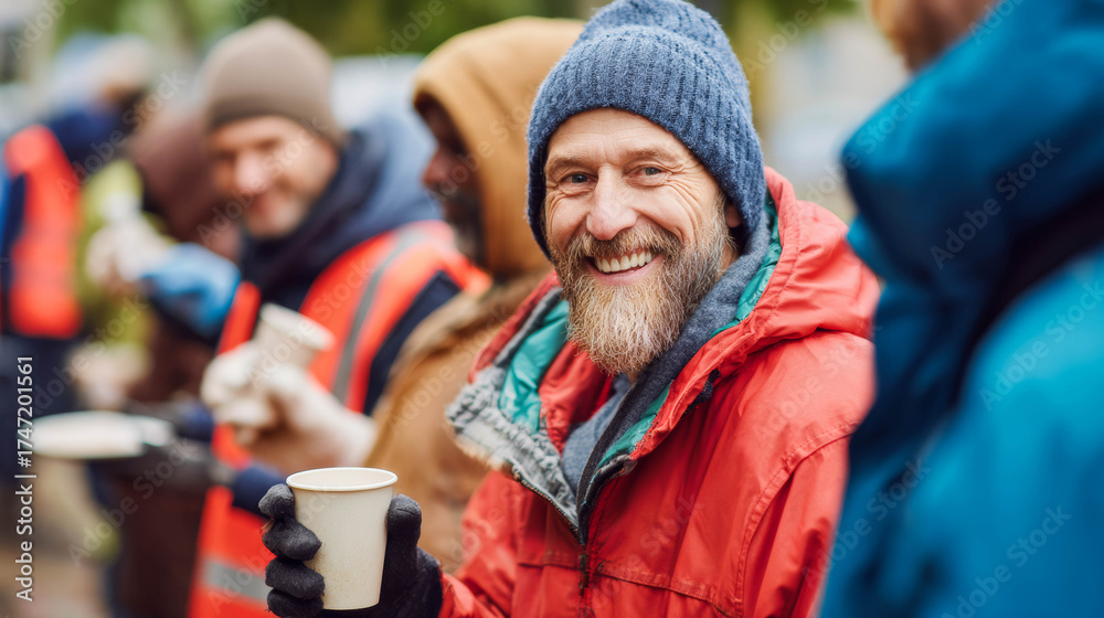 Fototapeta premium Smiling man in red jacket enjoying warm beverage with community volunteers in outdoor setting