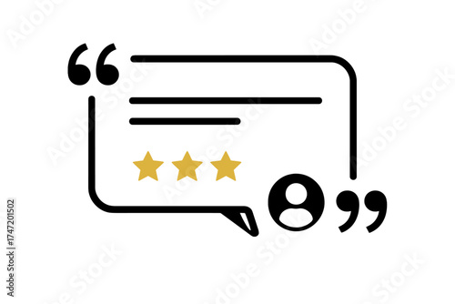 Testimonial review quote in speech bubble. Customer feedback and satisfaction rating with stars. User experience opinion icon. Client recommendation vector illustration.
