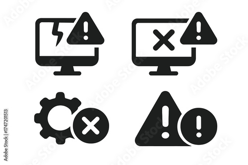 Technical issue icon set. Problem, error, and warning symbols. Vector illustration of computer system failure, crash alert, broken notification, and danger attention sign.