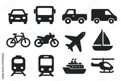 Transport icon set. Vehicle vector symbols for travel, logistics. Car, bus, truck, van, bike, motorcycle, plane, boat, train, ship, helicopter illustration collection.