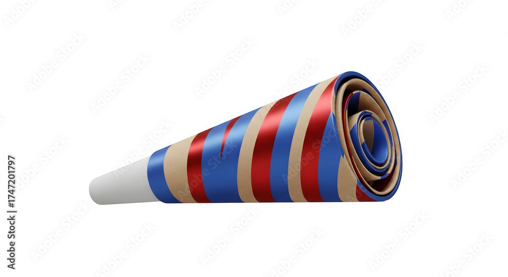 Fototapeta premium Red, blue, tan paper makes a party horn. Stripes run vertically. Great for birthday and celebration graphics.