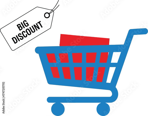 Shopping cart filled with goods and a tag announcing a big discount