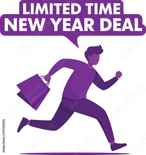 Man eagerly running with shopping bags during a limited time New Year deal