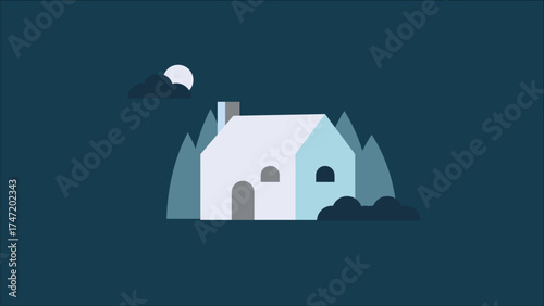 A minimalist illustration of a house at night with a moon and trees in a dark blue setting