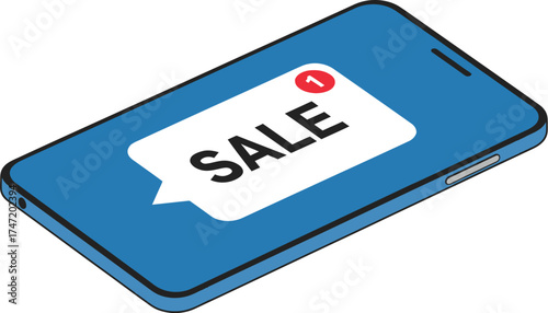 Mobile phone displaying a notification bubble with the word SALE, symbolizing online shopping and promotions.