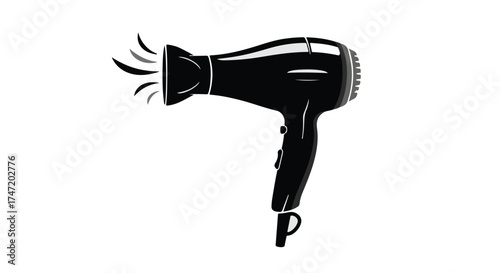 Sleek black hairdryer emitting a stream of air, ready for styling.