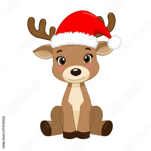 Cute cartoon christmas reindeer wearing a santa hat festive holiday character